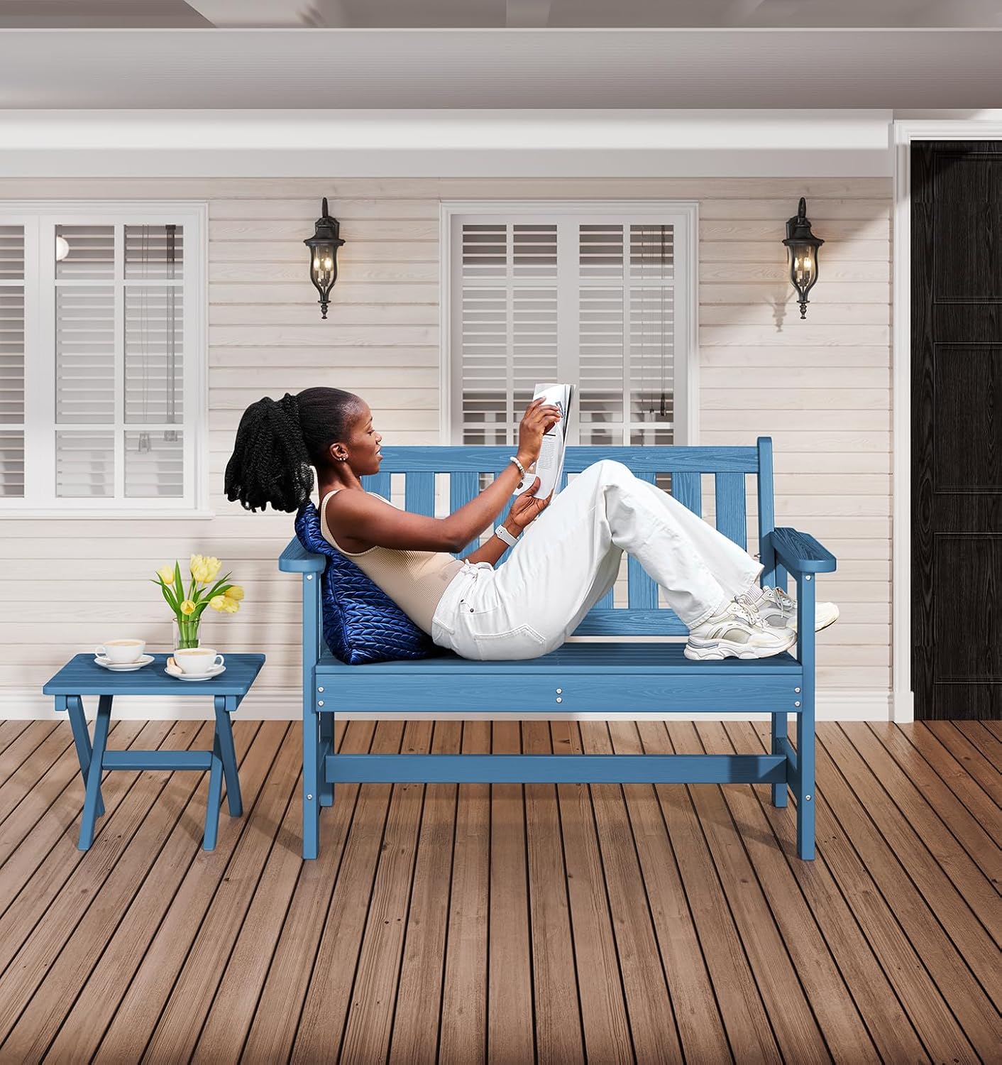 SERWALL Outdoor Bench, HDPE Outdoor Benches Weatherproof, 2-Person Garden Bench with 660 lbs Weight Capacity, Patio Benches for Outdoors, Garden, Porch, Backyard and Park, Navy Blue