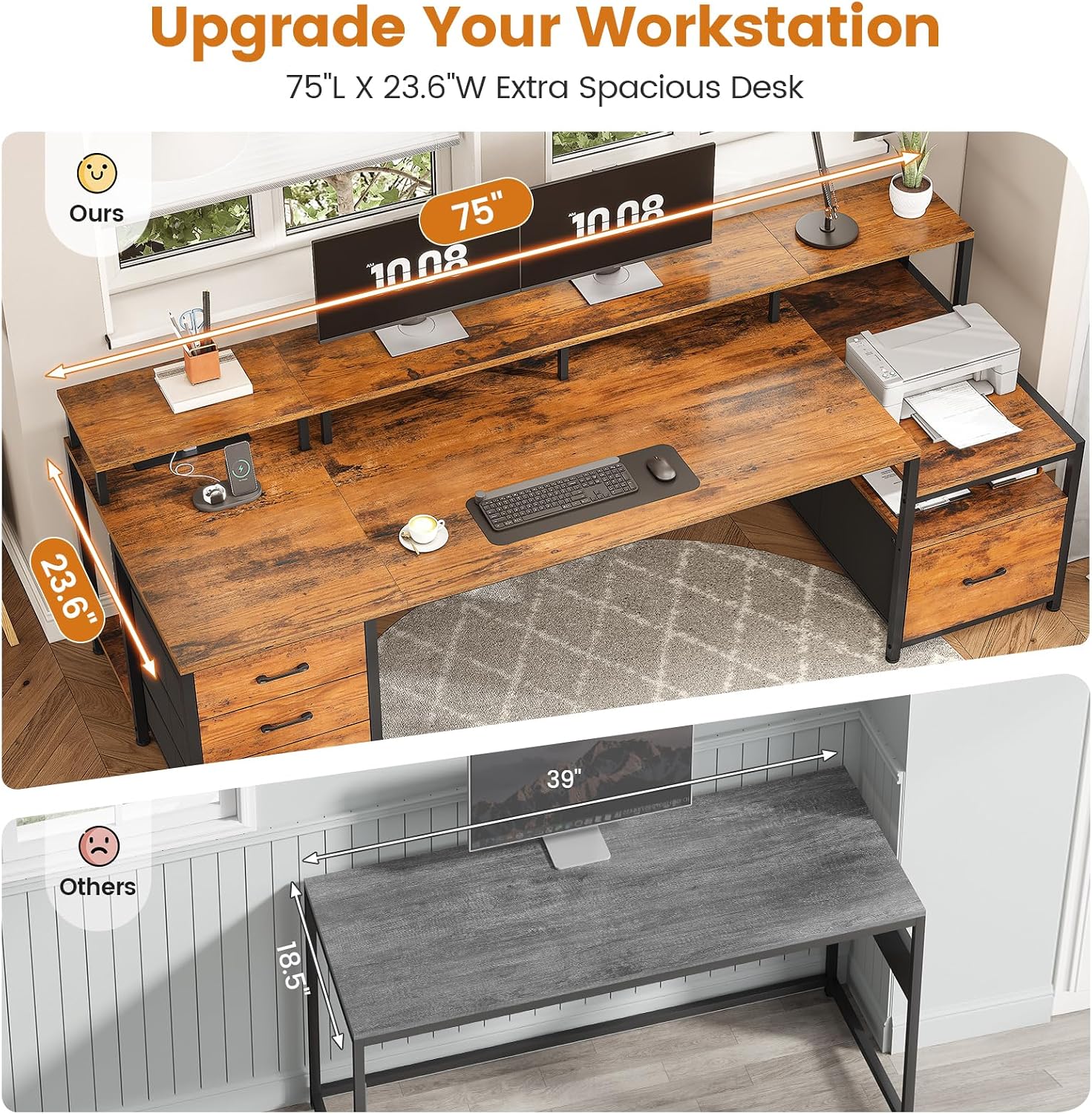 SEDETA Home Office Desk with File Drawer & Power Outlet, 75'' Large Computer Desk with 5 Drawer, Storage Shelves, Monitor Shelf and Led Lights, 23.6' W Desktop Gaming Desk, Rustic Brown