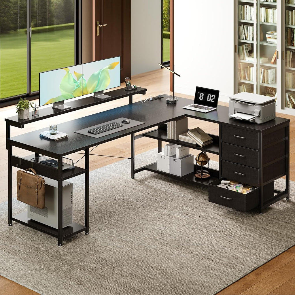 AODK 61' L Shaped Desk with Drawer, Computer Desk with Power Outlets & LED Lights, Reversible Corner Gaming Desk for Home Office Workstation, Office Desk with Monitor Shelf, Pure Black