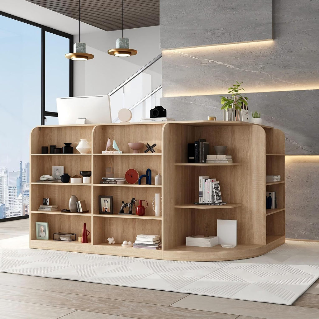 ECACAD 70.9' Large L-Shaped Reception Desk with 3 Drawers, 15 Open Shelves, Counter Top & Monitor Stand, Office Desk Reception Counter Table with File Cabinet, Brown