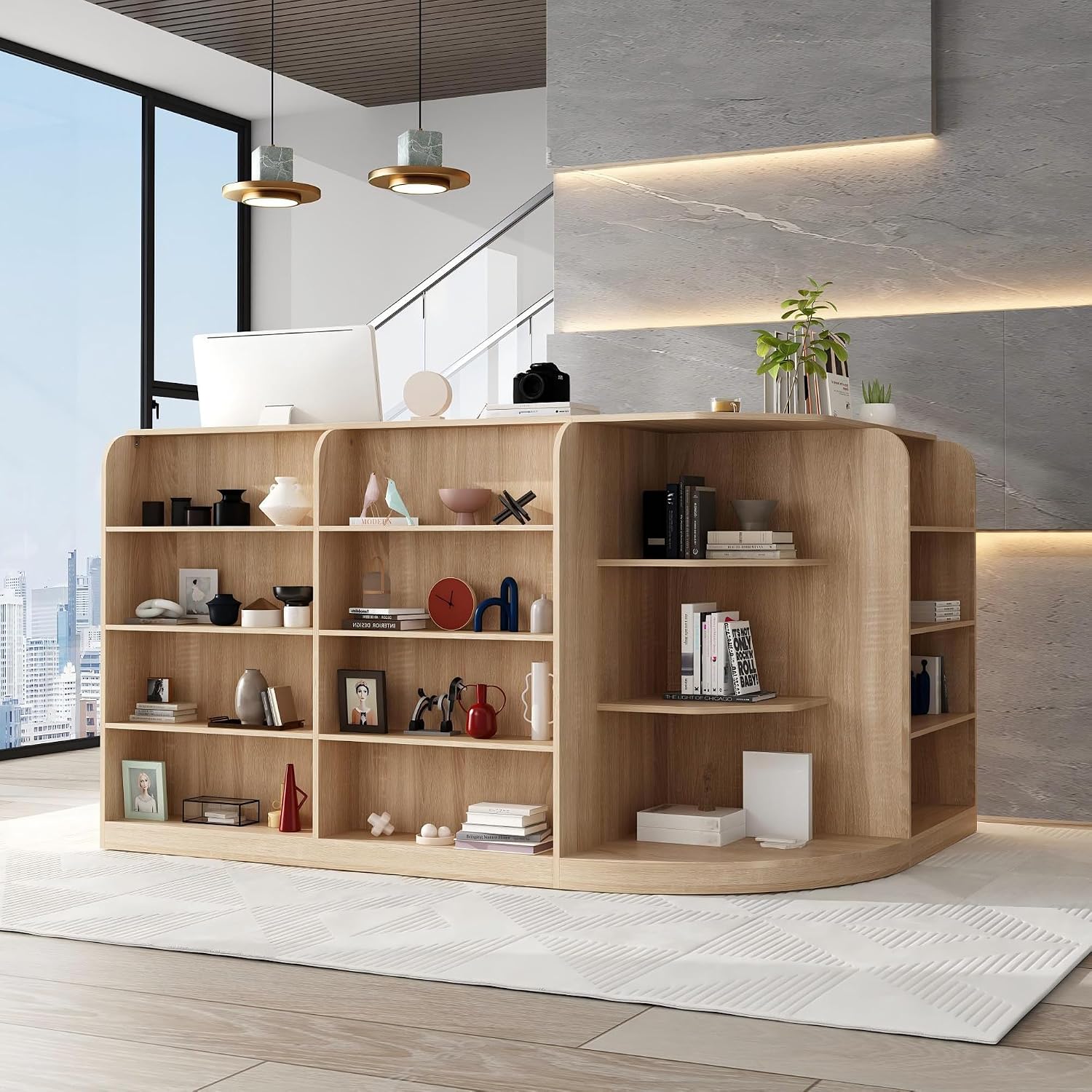 ECACAD 70.9' Large L-Shaped Reception Desk with 3 Drawers, 15 Open Shelves, Counter Top & Monitor Stand, Office Desk Reception Counter Table with File Cabinet, Brown