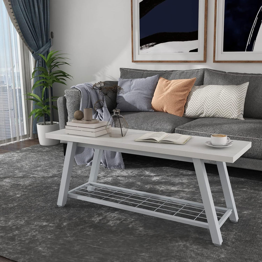 Oastreeful Industrial Entryway Bench Rustic Wood and Metal Storage Bench for Indoor Living Dining Room Bedroom Long Shoe Benches Seat (White)