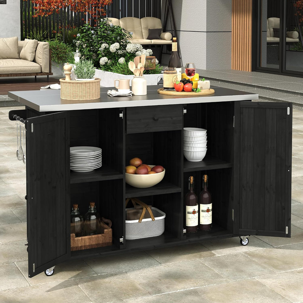 52.25' W Outdoor Kitchen Island Patio Grill Cart with Stainless Steel Tabletop, Storage Cabinet for BBQ, Bar