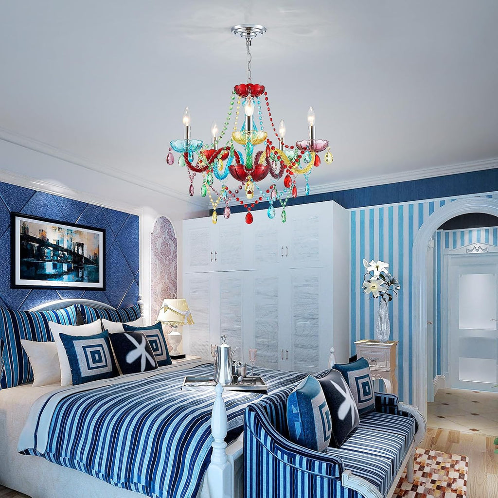5-Lights Children Chandeliers, Modern Candy Design, Colorful Crystal Chandeliers for Bedroom, Dining Room, D22.8'' × H33.5'', Adjustable Height (33.5'~70.9'), Youth Color & Chrome Finish Frame