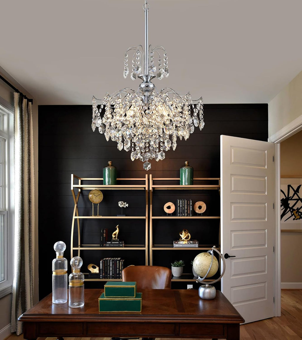Q&S Modern Crystal Chandelier Chrome Pendant Light 6 Lights for Dining Room Kitchen Island Entryway Bathroom Hallway UL Listed