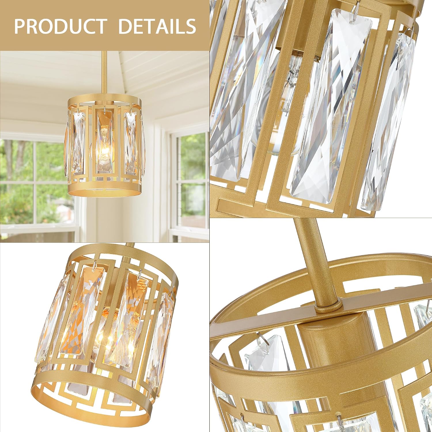 3-Pack Pendant Light Fixtures with K9 Crystals, Kitchen Island Lighting, Dining Room Light Fixture, Mini Chandelier for Kitchen Lights Ceiling, Foyer Lighting Fixtures, Gold Light Fixture