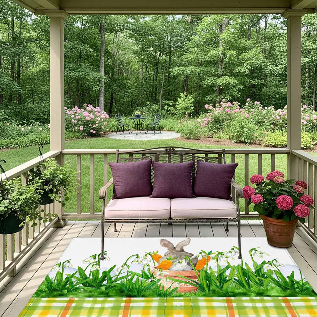 Easter Bunny Outdoor Rug for Patio/Deck/Porch, Non-Slip Large Area Rug 5 x 7 Ft, Spring Garden Floral Botanical Plaid Rustic Indoor Outdoor Rugs Washable Area Rugs, Camping Rug Carpet Runner