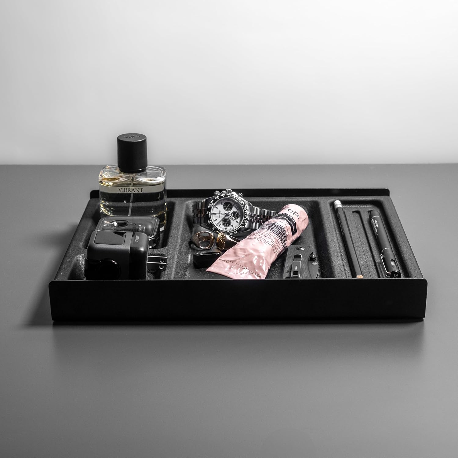 Raico Desk Shelf Tray Drawer Organizer with Compartments for Monitor Stand System Metal & Cork Accessory Tray for Cockpit Setup | Black