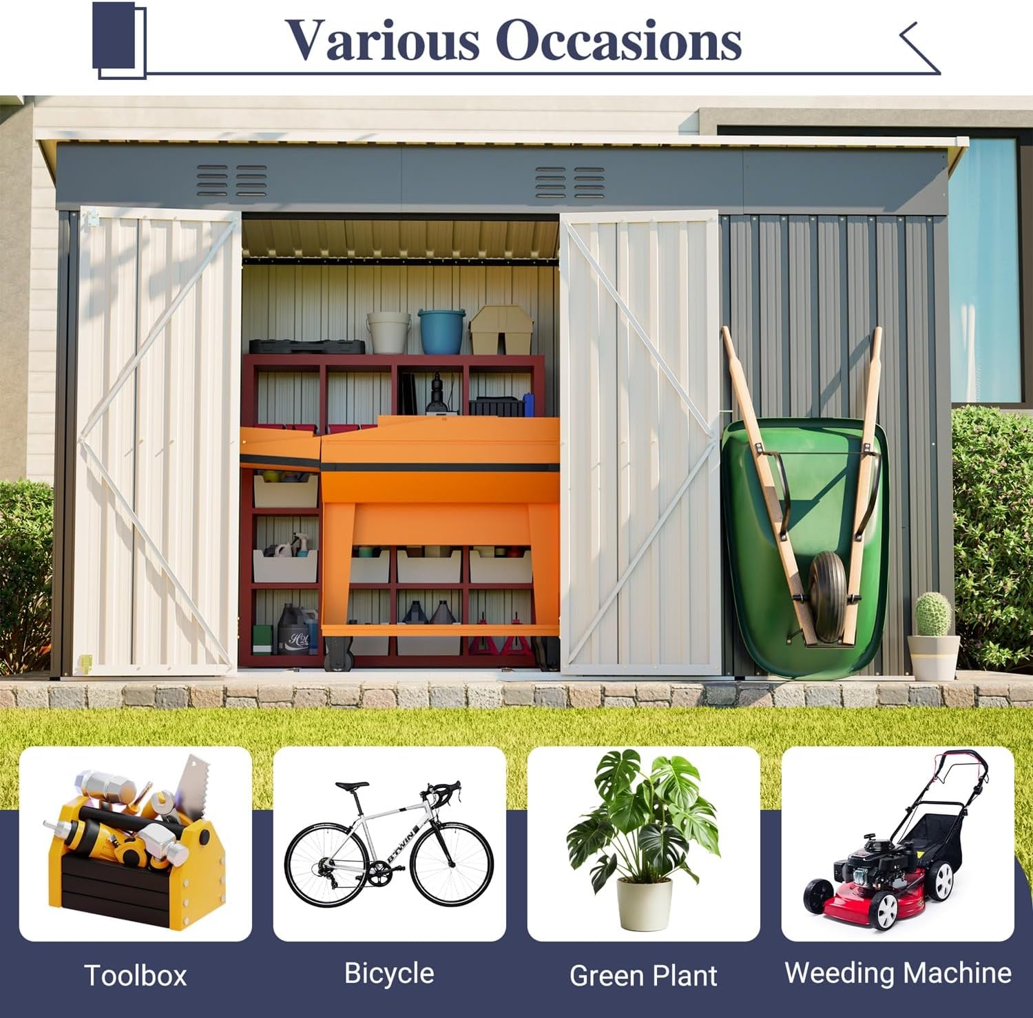10x4 FT Outdoor Storage Shed with Frame Floor, Open Firewood Bay, 2 Vents – Lockable Double Doors, Aluminum Frame, Weatherproof for Garden, Backyard, Patio, and Equipment Storage