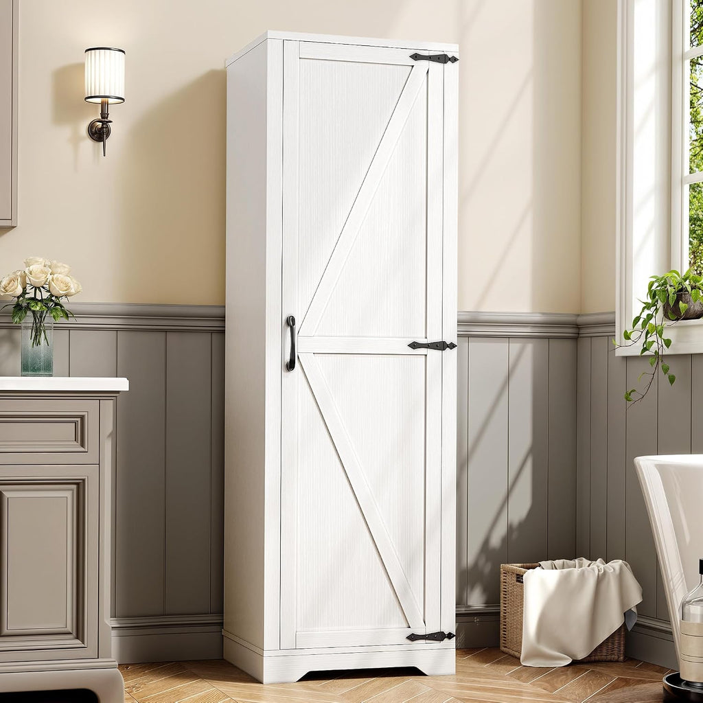 DWVO Broom Closet Storage Cabinet, Wooden Organizer for Mops, Brooms, and Bucket Vacuum Cleaners with Upper Shelf and Towel Hanging Options