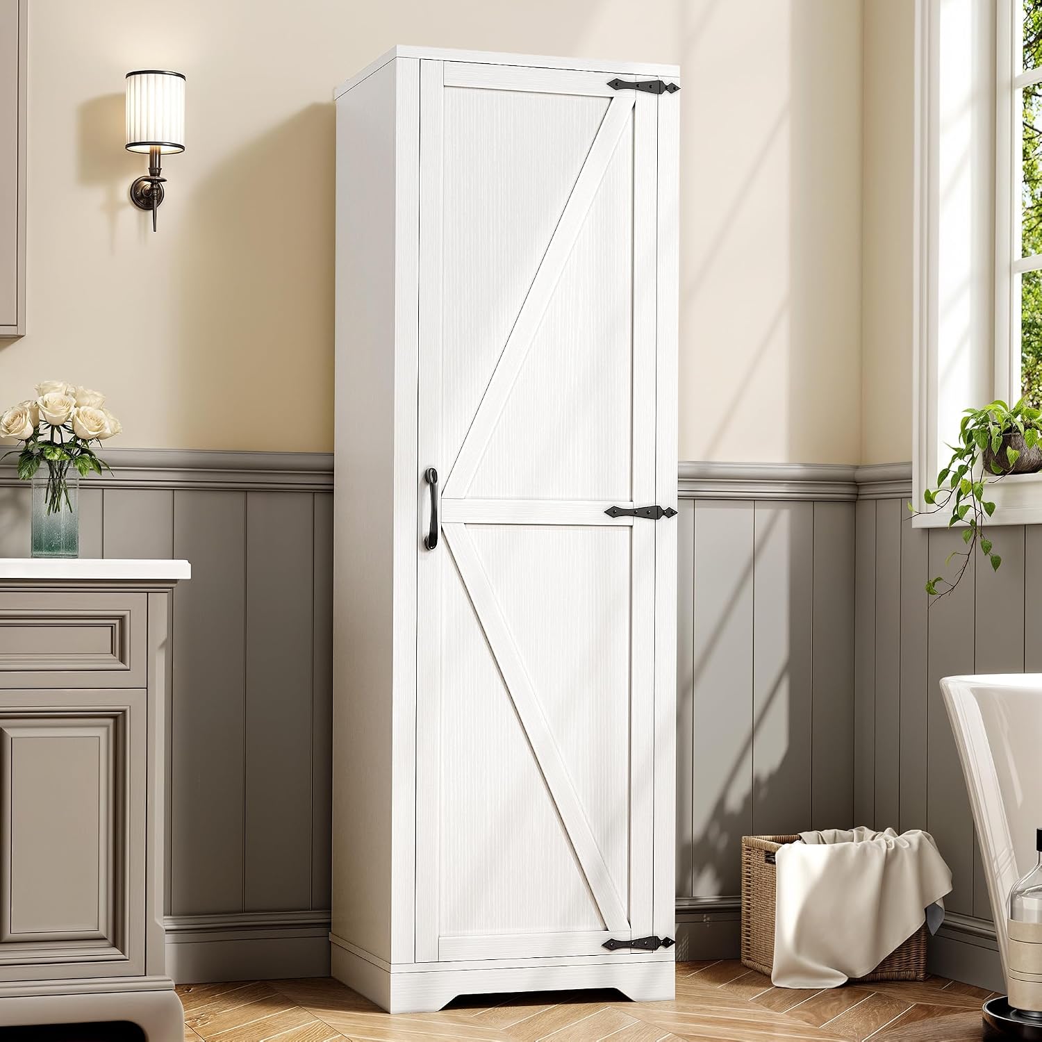 DWVO Broom Closet Storage Cabinet, Wooden Organizer for Mops, Brooms, and Bucket Vacuum Cleaners with Upper Shelf and Towel Hanging Options