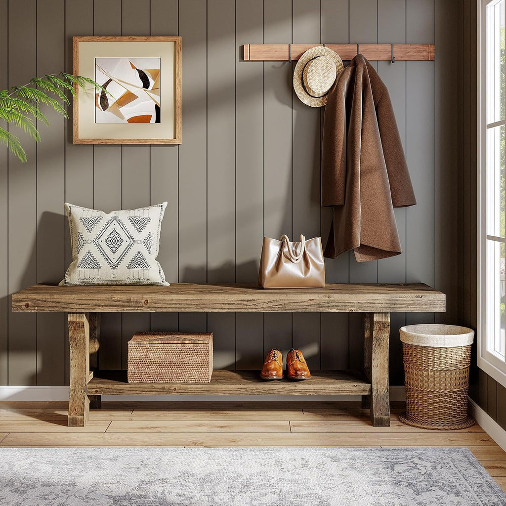 Solid Wood Entryway Bench, 55' End of Bed Bench, Long Indoor Dining Seat for Hallway, Bedroom, Living Room, Dining Room, Easy Assembly, Dark Brown