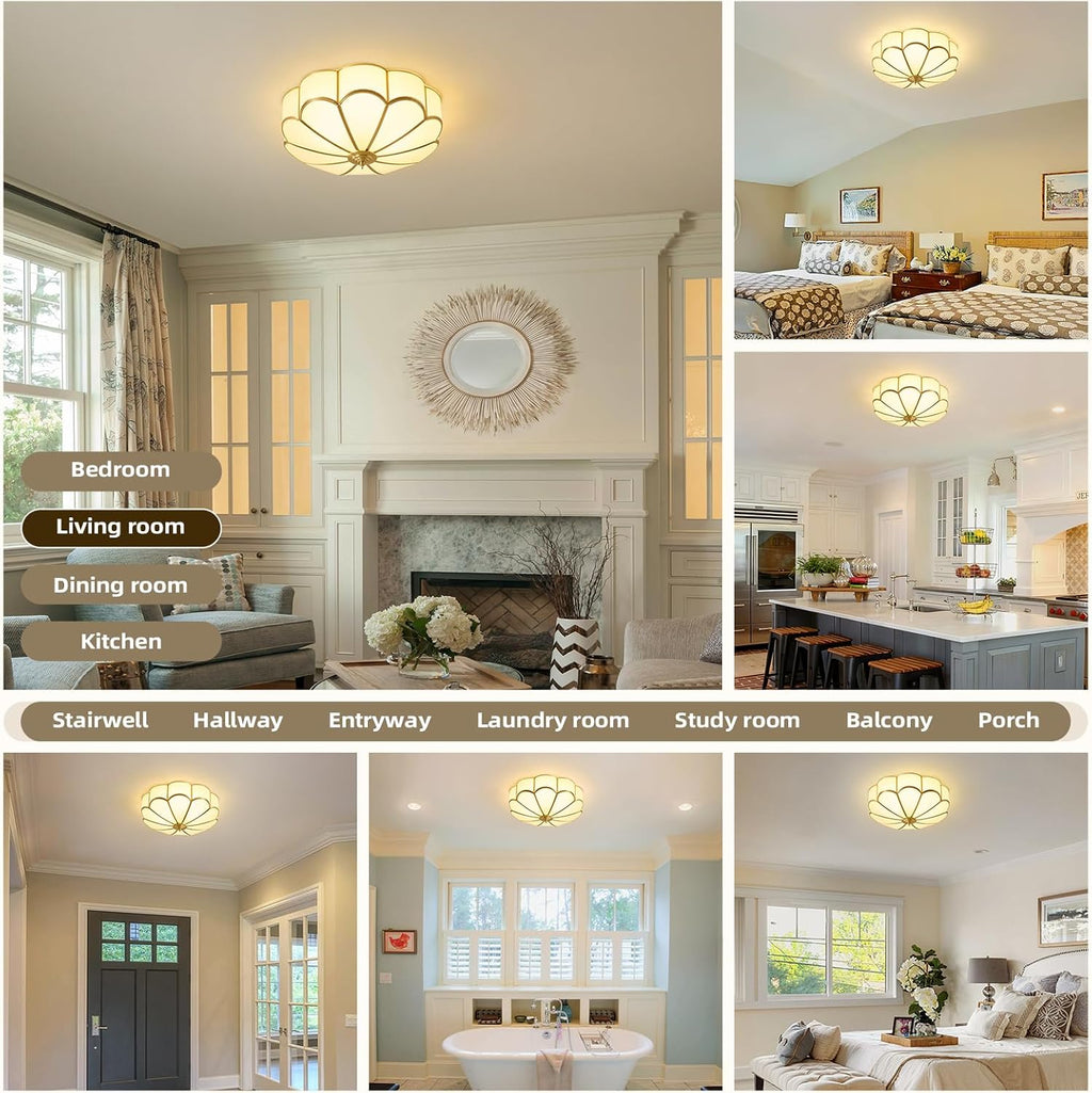 Brass Vintage Gold Ceiling Light - Large 17.7 Inch Milk Glass Mid Century Flush Mount Lighting Fixtures - Art Deco Antique Modern Lamp for Hallway Bathroom Bedroom Kitchen Entryway Laundry Foyer Hall