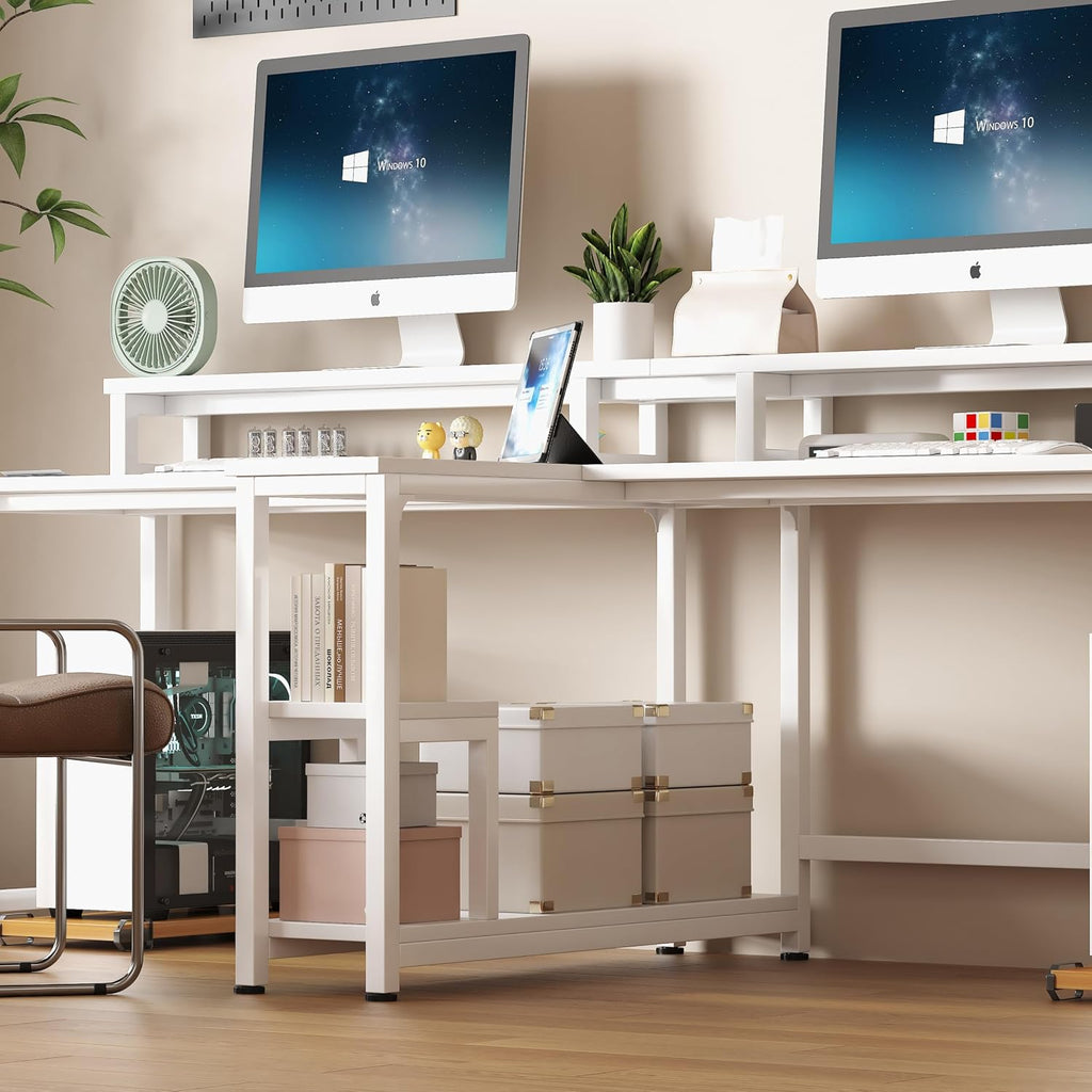 MUTUN 83.7' Two Person Gaming Desk, Long Computer Office Desk with Charging Station and LED Lights, Double Desks with Monitor Stand and Shelves, Study Writing Table Workstation for Home Office, White