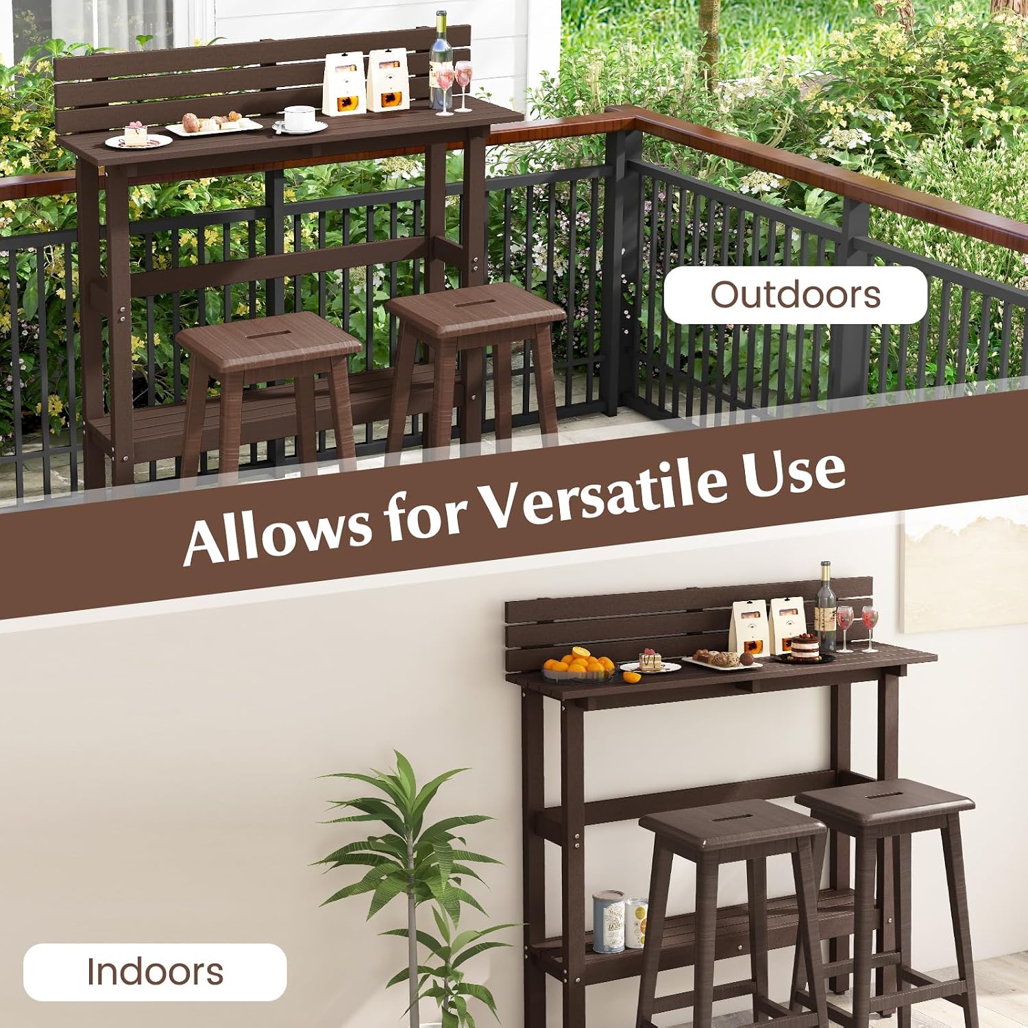 Tangkula Outdoor Bar Table, 48 Inch Patio Pub Height Table with Storage Shelf & Adjustable Foot Pads, All-Weather Bar Height Counter Table, Narrow Dining Table for Hot Tub, Garden & Backyard (Coffee)