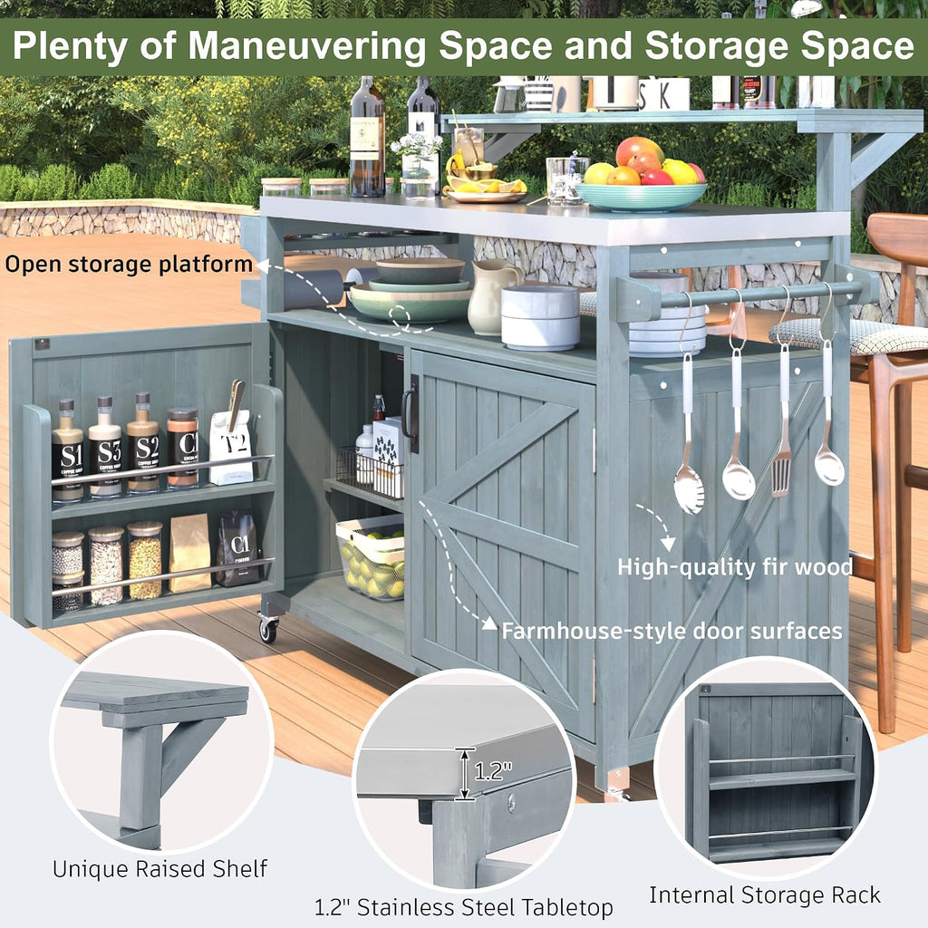 Merax 53.3' Outdoor Kitchen Island with Raised Shelf, Solid Wood Storage Cabinet with Stainless Steel Top, Rolling Grill Cart, Adjustable Shelf, Grey Blue