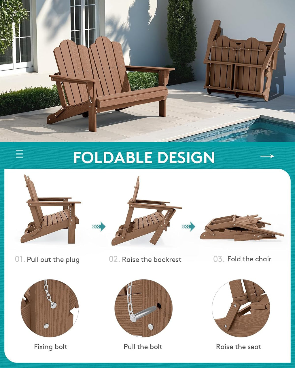 SERWALL 3 Pieces Patio Adirondack Bench Set, 2 Folding Adirondack Bench & 1 Coffee Table with Umbrella Hole Set for Front Porch Garden Balcony Backyard, Brown