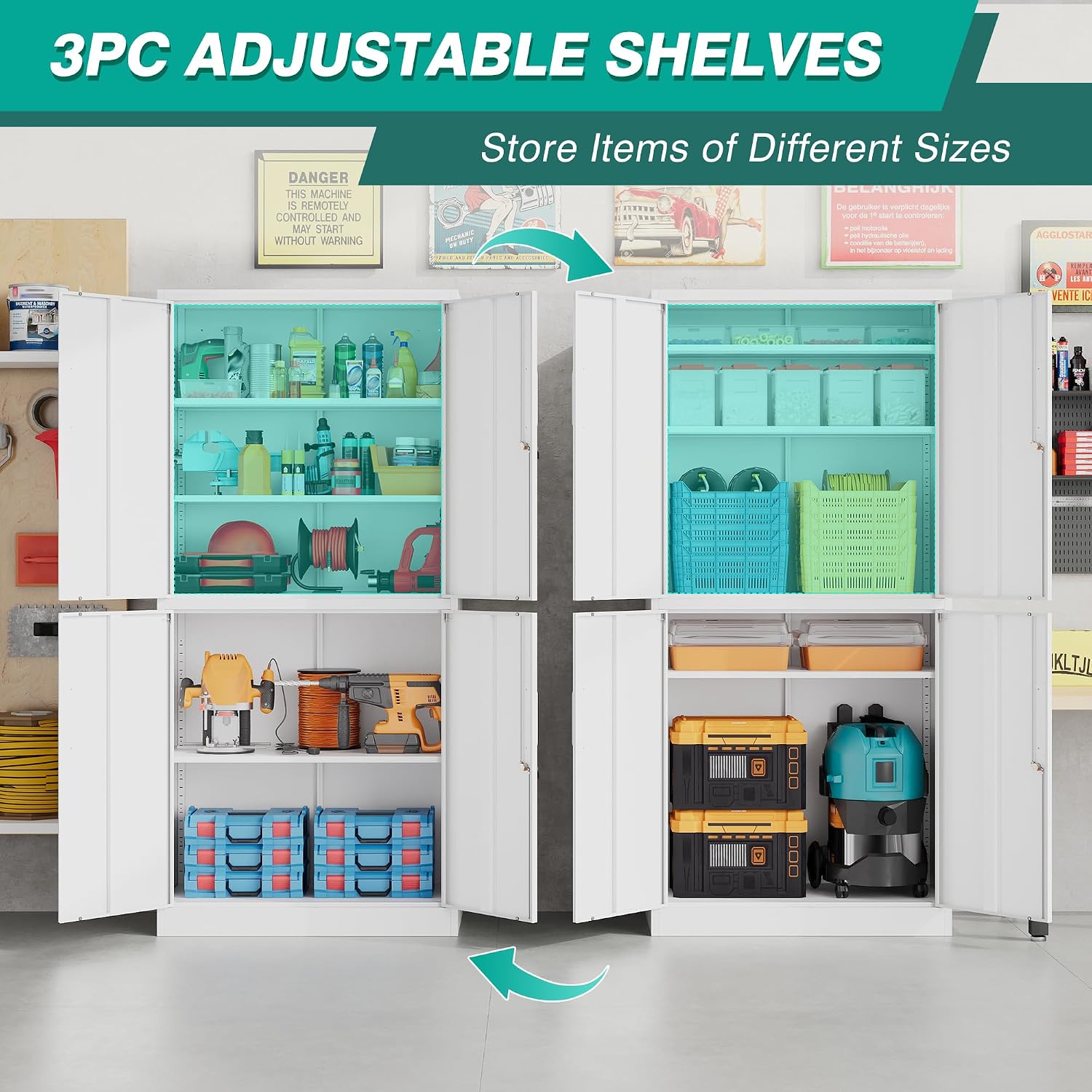 Metal Storage Cabinet with 3 Adjustable Shelves,White Storage Cabinet with Lock,71' Lockable Metal Cabinets with Locking Doors,Tall Steel Pantry Cabinets 4 Door for Home,Office,Garage,Bathroom,Kitchen
