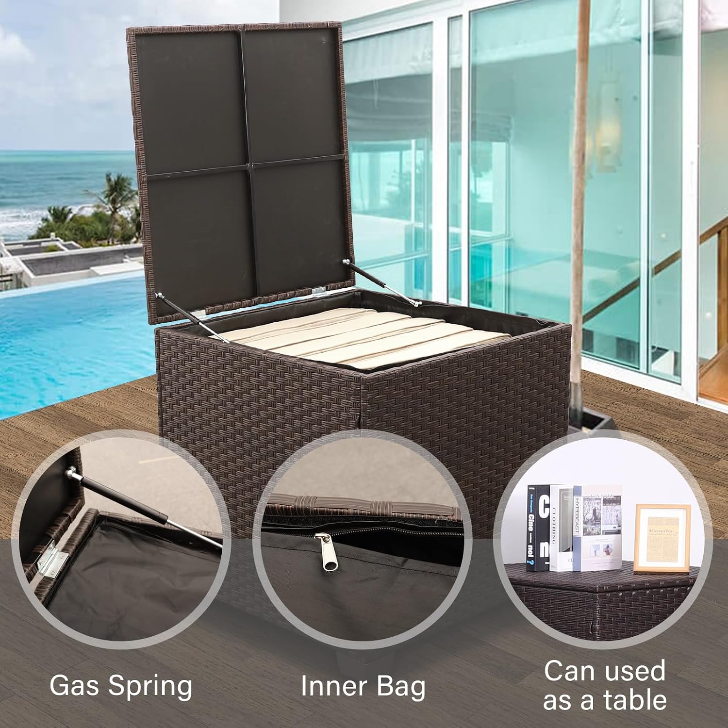 Valita Wicker Patio Furniture Set 4 Pieces Outdoor Sectional Conversation Sofa Set with Storage Box and Glass Table with Cushions and Furniture Covers, Khaki
