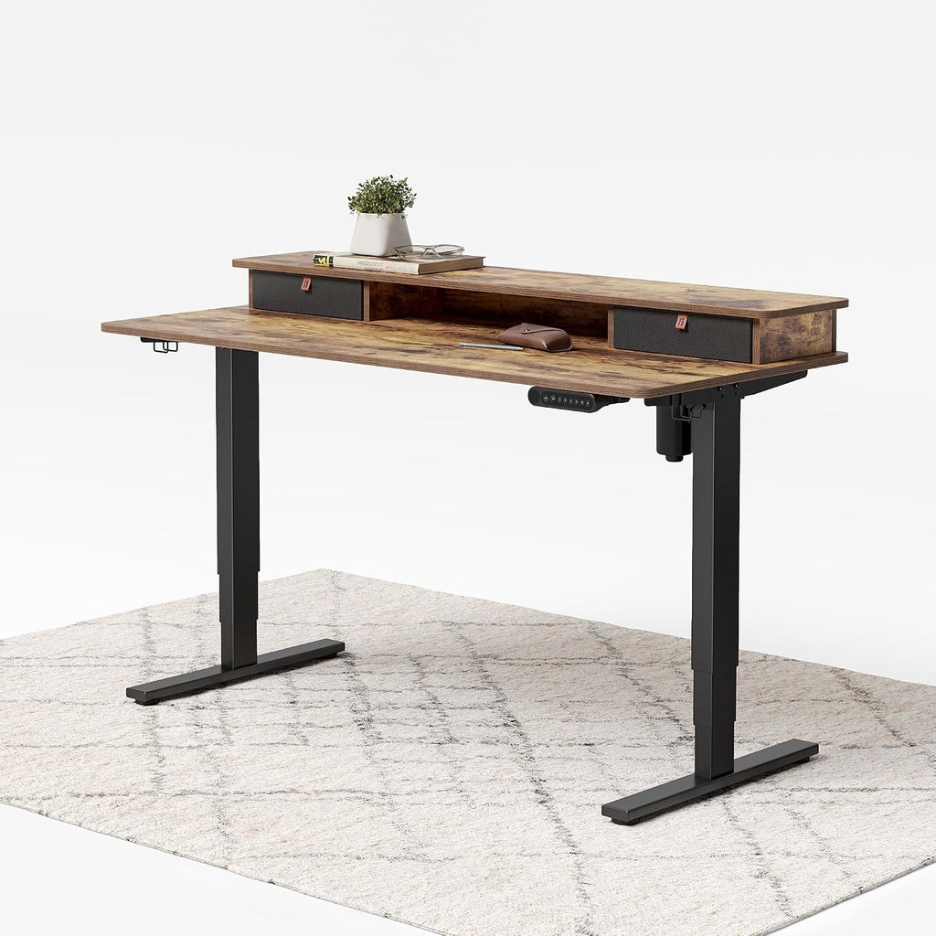 FEZIBO 55 x 24 Inch Whole-Piece Height Adjustable Standing Desk with Double Drawers, Sit Stand Desk, Stand Up Table (Send Two Packages), Rustic Brown Top