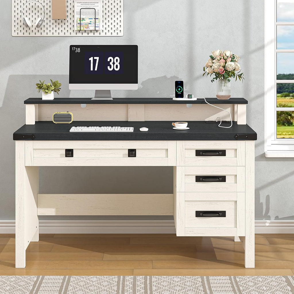 YOMILUVE Farmhouse Computer Desk with Drawers, 47' Small Computer Desk with Power Outlets, Home Office Desk with Monitor Stand & 4 Drawers, Writing Study Table, Black & White