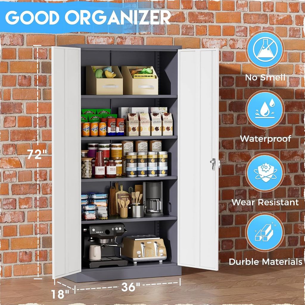 Greenvelly Metal Garage Storage Cabinet, Locking Steel Cabinet with 2 Doors and 4 Adjustable Shelves, Metal Tool Cabinets, Lockable File Cabinet for Home Office, Garage, School (Gray White)