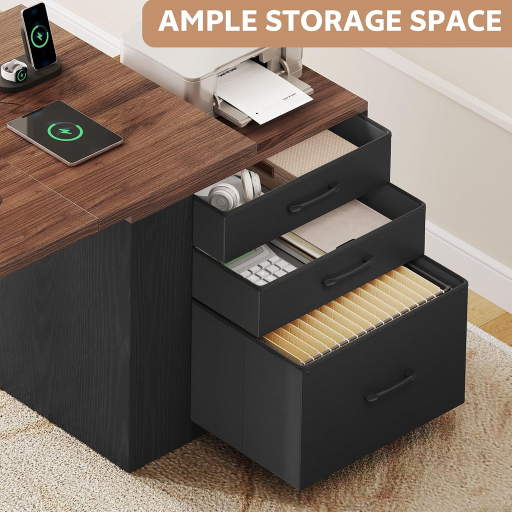 75.5 Inches Electric Standing Desk with Drawers Farmhouse Sit Stand Desk with Storage Adjustable Height Computer Desk with Power Outlets Printer Space for Home Office Black and Walnut