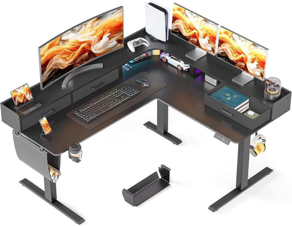 WALKINGDESK 63 Inches Height Adjustable L Shaped Standing Desk with 3 Drawers and Monitor Shelf, Electric Corner Comupter Desk, Sit Stand up Home Office Desk, Ergonomic Gaming Desk, Black