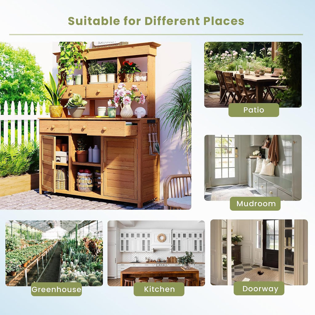 JIVOIT Outdoor Wood Workstation Table, 65.7'' H Tall Garden Potting Bench Table with Hutch, 3 Shelves, 6 Drawers, 2 Bottom Cabinets & Side Hooks, Patio Storage Workstation for Mudroom, Doorway