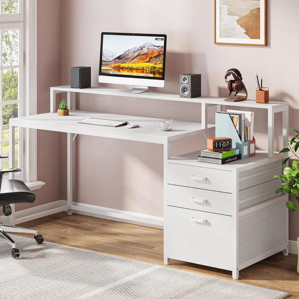 LITTLE TREE 63 Inch Computer Desk with File Drawer Cabinet, Home Office Desks with Ergonomic Monitor Stand