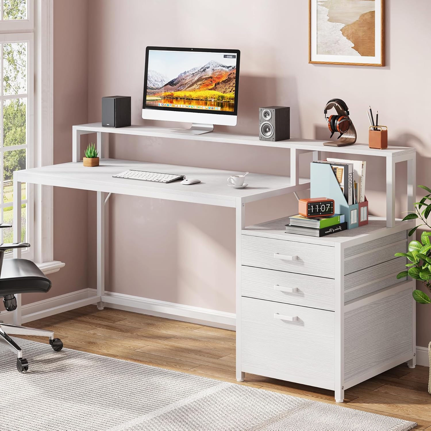 LITTLE TREE 63 Inch Computer Desk with File Drawer Cabinet, Home Office Desks with Ergonomic Monitor Stand