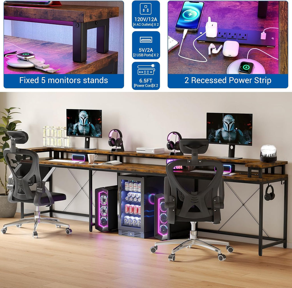 U Shaped Gaming Desk, 79' Reversible U Shaped Desk with Power Outlets, LED Lights, Monitor Stand & Storage Shelves, Corner Office Desk for Home Office, Gaming, Workstation (Tiger Stripes)