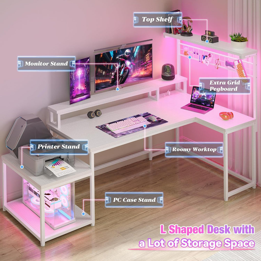 EnHomee 63' L Shaped Gaming Desk with LED Lights & Power Outlets,Reversible Corner Gaming Table with Storage Shelf & Hooks,Computer Desk with Monitor Stand & Print Stand for Bedroom,Home Office,White