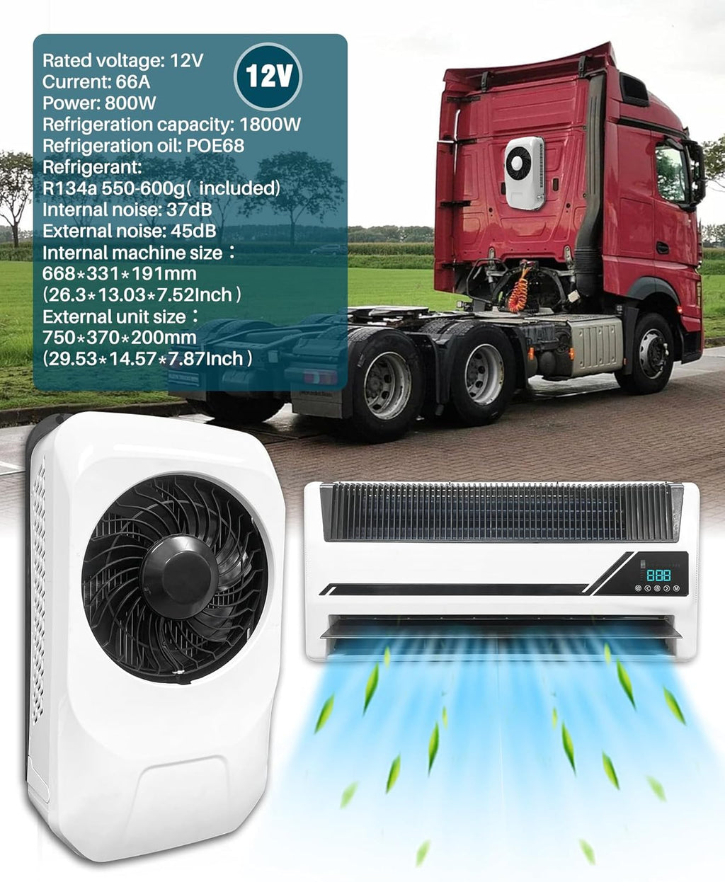 10000 BTU 12V Truck Air Conditioner, Split Mini AC Electric A/C Unit with DC Inverter Compressor | Rapid Cooling | Pre-Charged Refrigerant | Semi-Truck Cab Parking, Trailer, Crane, Loader, Excavator