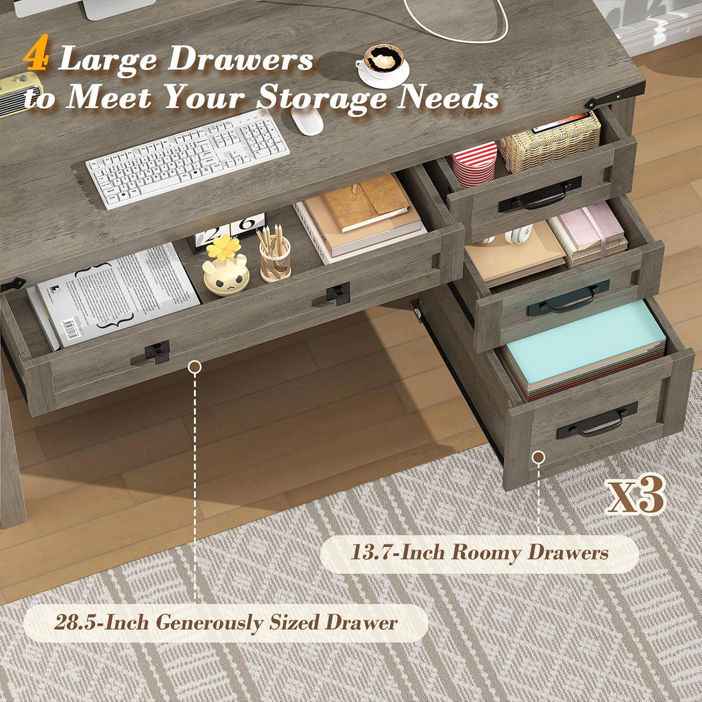 YOMILUVE Farmhouse Computer Desk with Drawers, 47' Small Computer Desk with Power Outlets, Home Office Desk with Monitor Stand & 4 Drawers, Writing Study Table, Grey