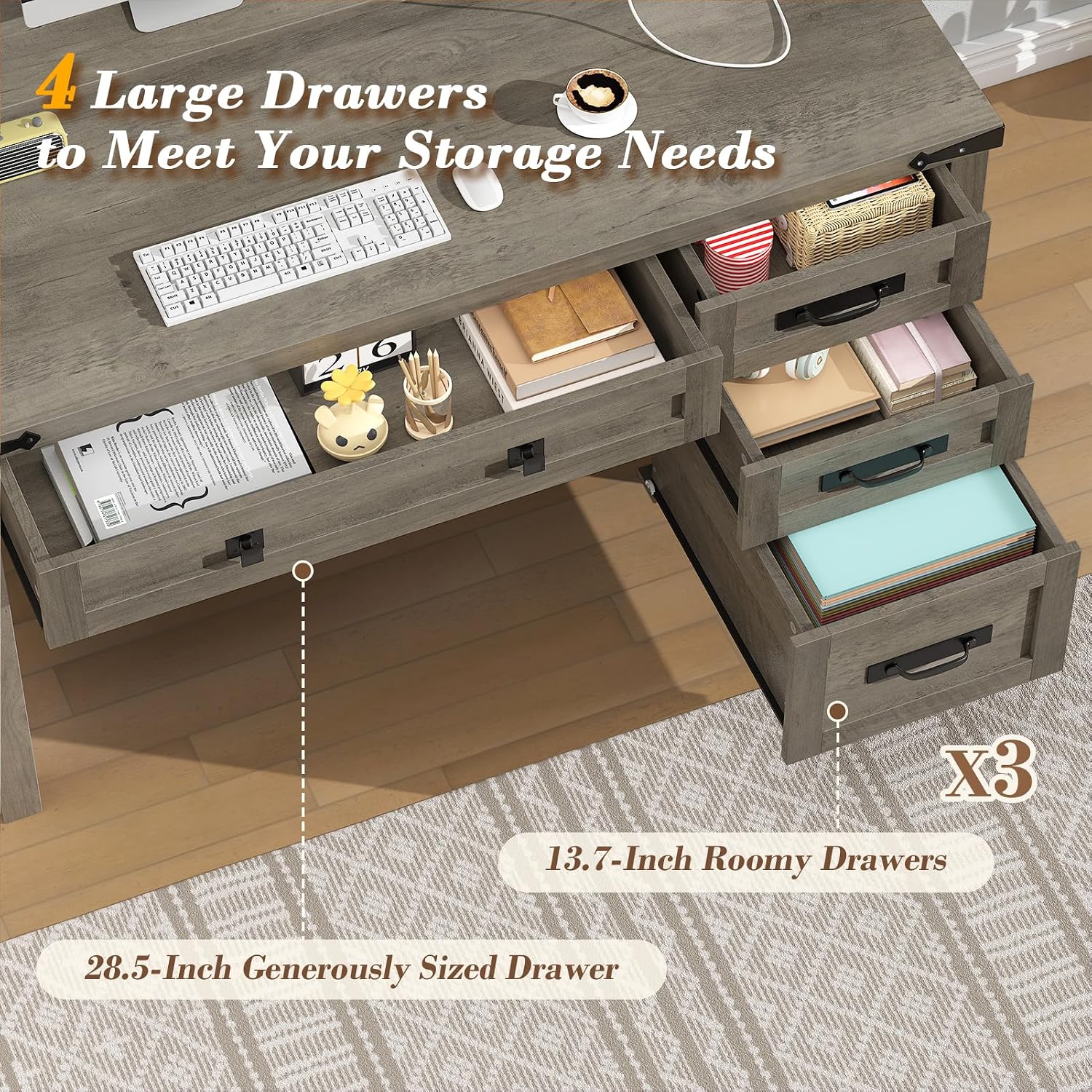 YOMILUVE Farmhouse Computer Desk with Drawers, 47' Small Computer Desk with Power Outlets, Home Office Desk with Monitor Stand & 4 Drawers, Writing Study Table, Grey