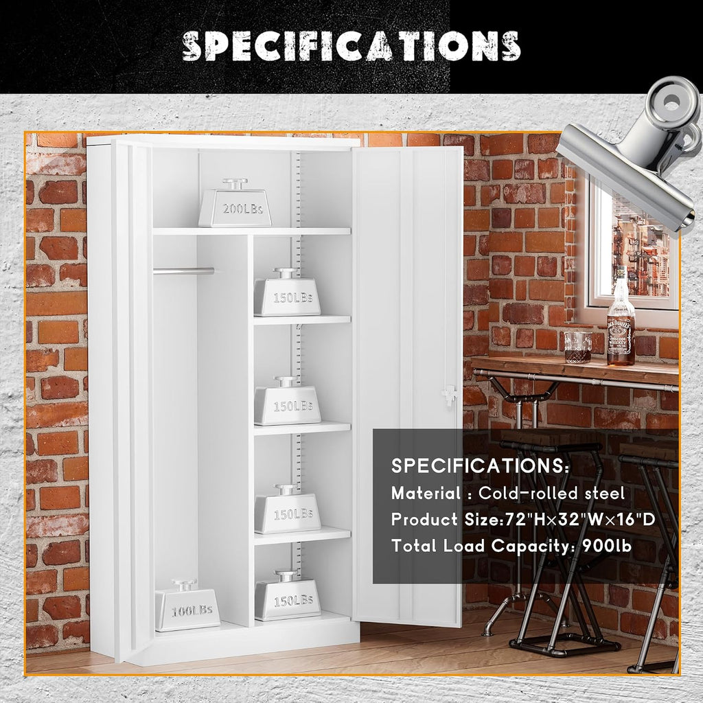 Greenvelly Metal Storage Cabinet with 2 Doors, White 72' Steel Storage Wardrobe Cabinet, Employees Locker Closet Clothing Coat Steel Wardrobe Cabinet with Hanging Rod for Garage, Gym, Home Office
