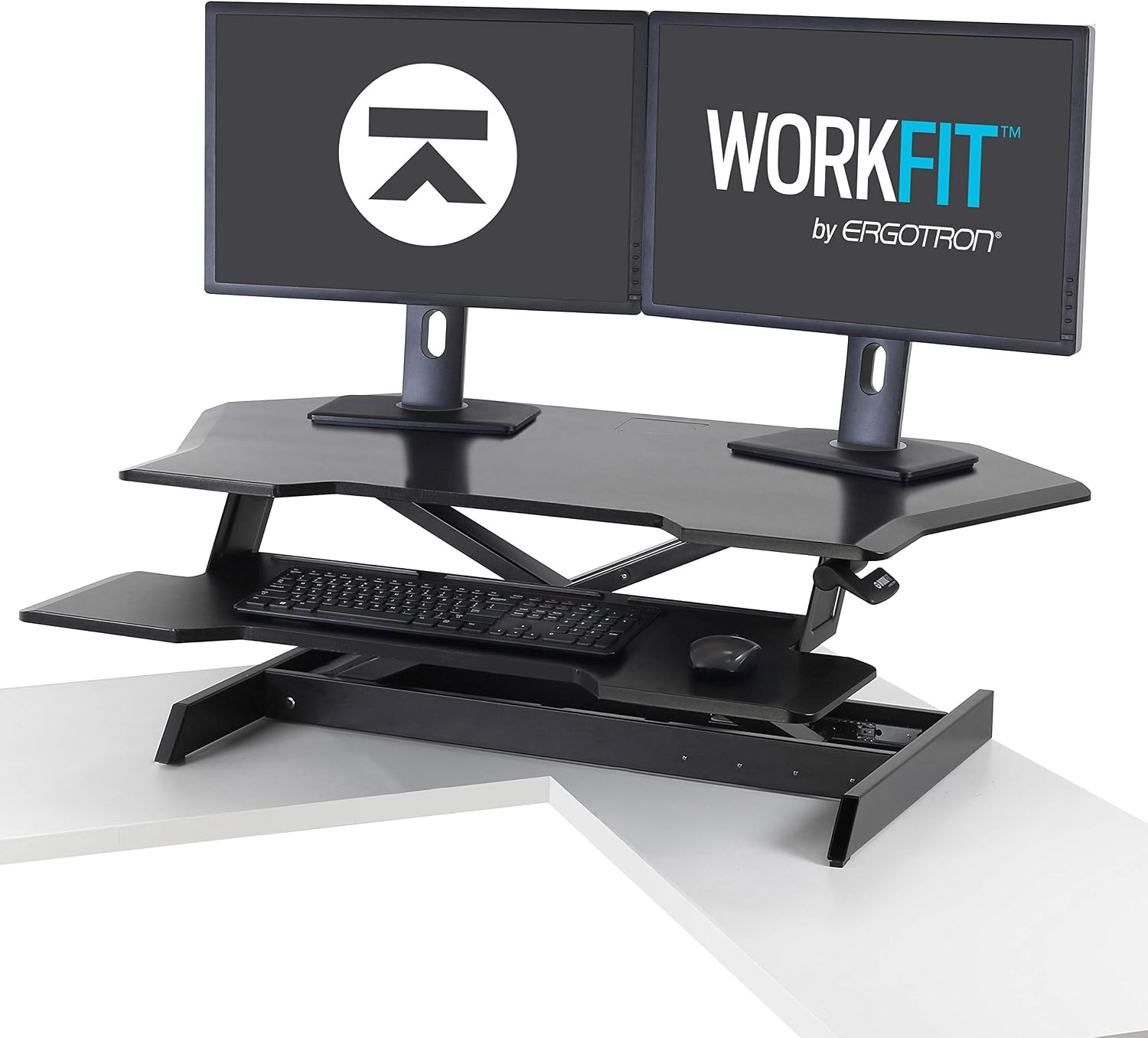 Ergotron – WorkFit Corner Standing Desk Converter, Dual Monitor Sit Stand Ergonomic Desk Riser for Tabletops – 44.8 Inch Width, Black