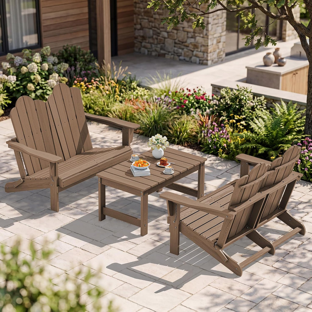 SERWALL 3 Pieces Patio Adirondack Bench Set, 2 Folding Adirondack Bench & 1 Coffee Table with Umbrella Hole Set for Front Porch Garden Balcony Backyard, Brown