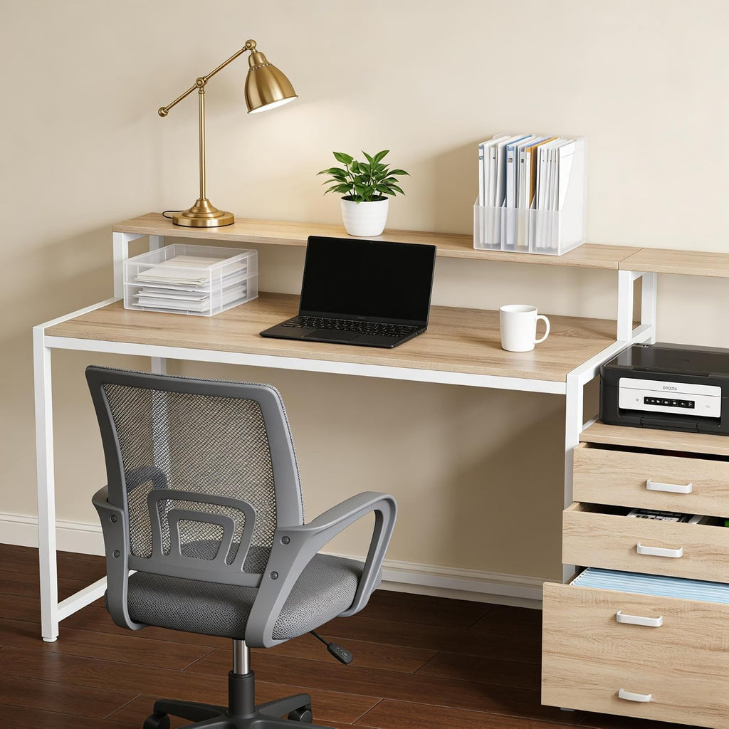 Writing Desk Computer Desk with Drawers and Monitor Riser Office Desk with File Cabinet Elevated Monitor Stand Two-Tier 63in Spacious Workstation Natural White