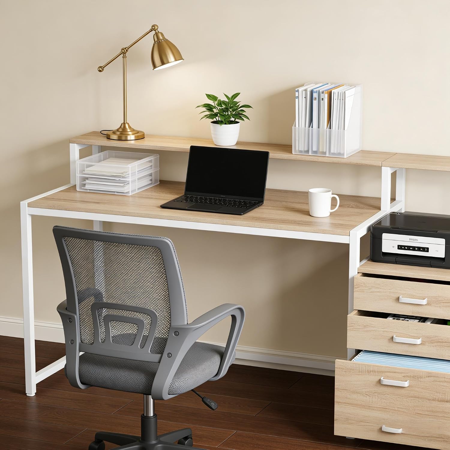 Writing Desk Computer Desk with Drawers and Monitor Riser Office Desk with File Cabinet Elevated Monitor Stand Two-Tier 63in Spacious Workstation Natural White