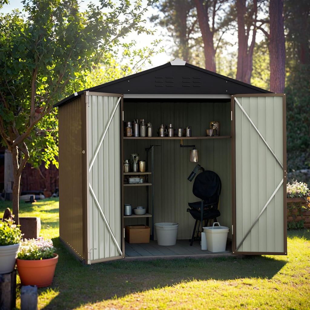 GUNJI 6.1 x 4.1 FT Shed Outdoor Storage Shed Metal Garden Shed with Lockable Door Outside Waterproof Tool Shed for Backyard, Patio, Lawn (Brown)