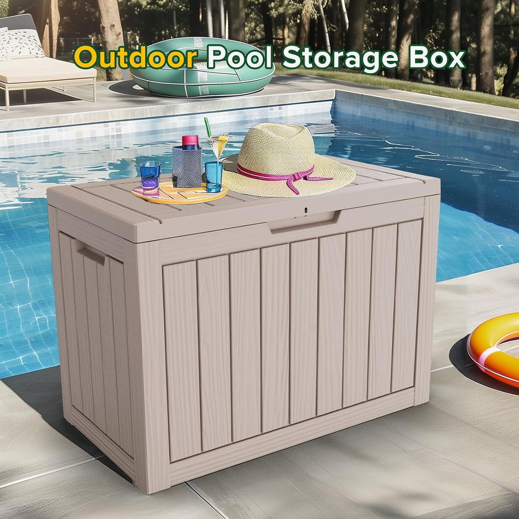 45 Gallon Resin Deck Box, Waterproof Outdoor Storage Bin for Patio, Poolside, and Garden, Lockable & UV-Resistant, Ideal for Small Spaces, Grey