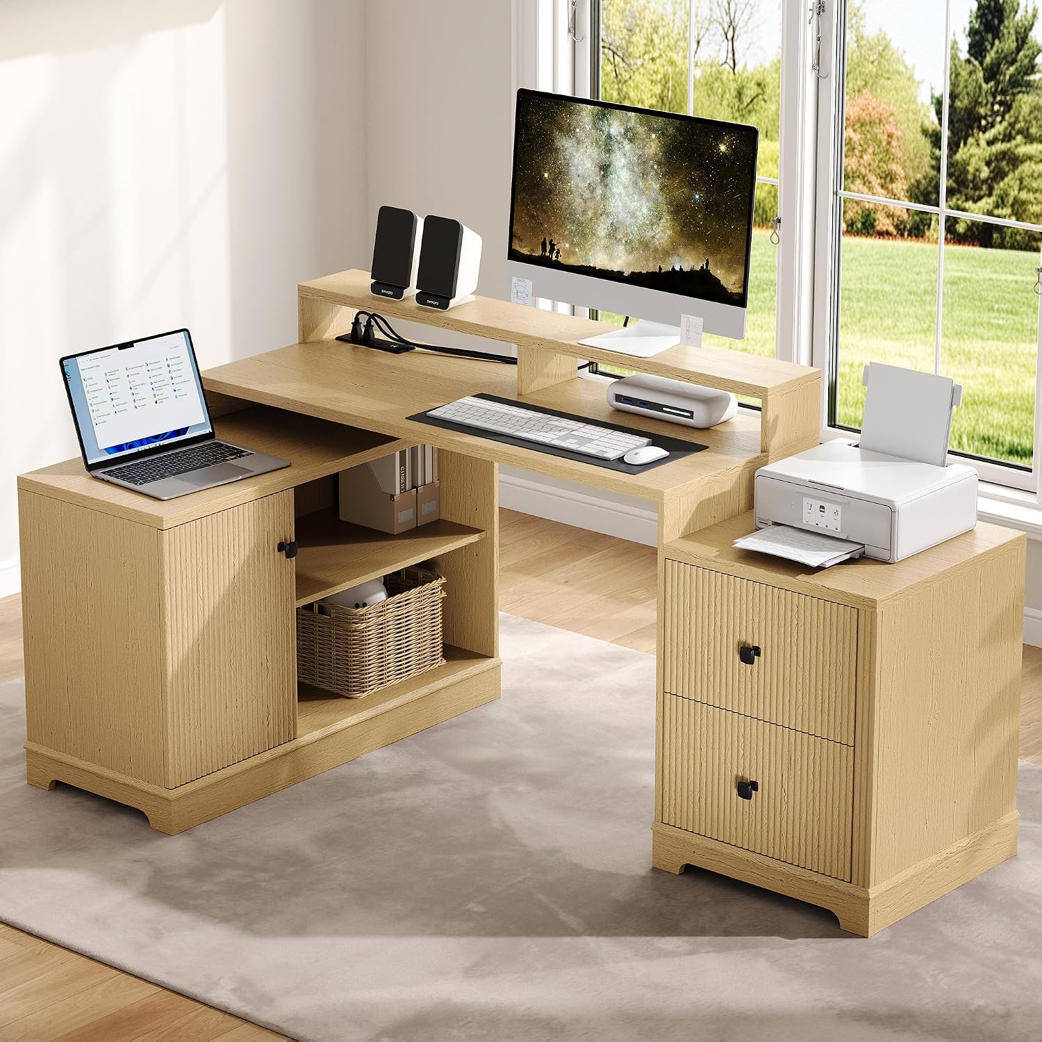 67' L Shaped Executive Desk with Drawers & Storage Shelf, Corner Computer Desk with Power Outlets, Home Office Desk with Monitor Stand, Printer Shelf, Computer Writing Desk for Work, Oak