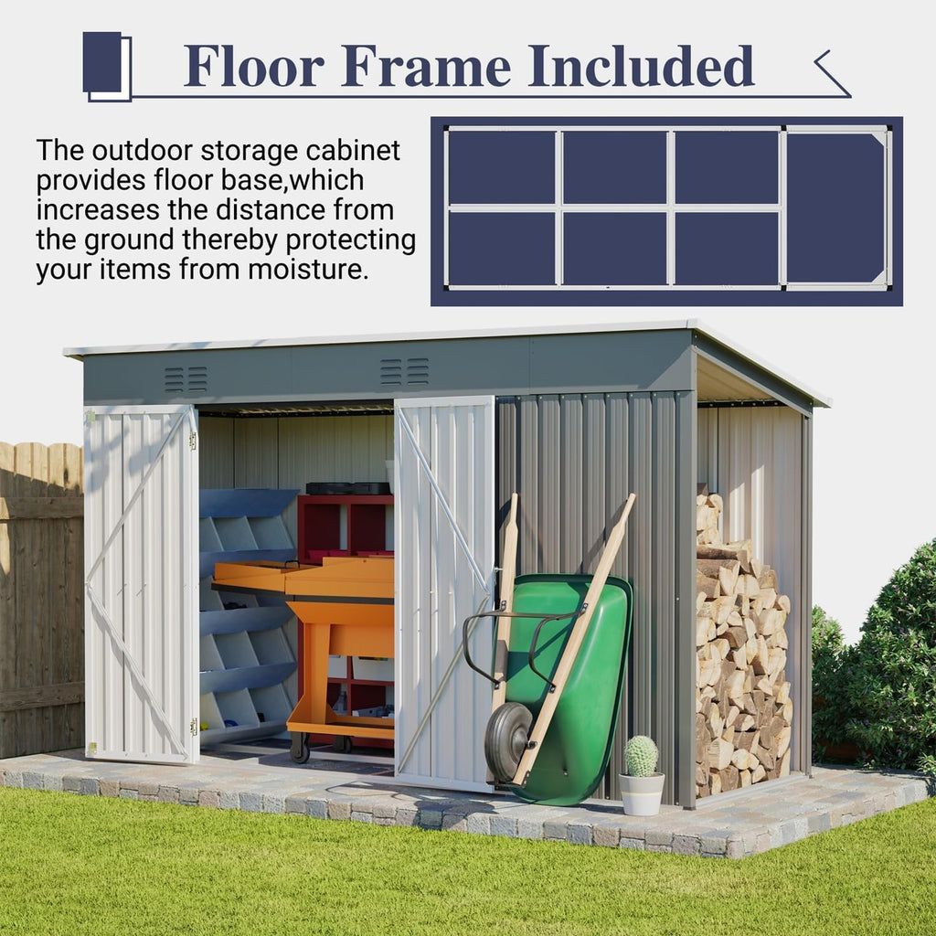 10x4 FT Outdoor Storage Shed with Frame Floor, Open Firewood Bay, 2 Vents – Lockable Double Doors, Aluminum Frame, Weatherproof for Garden, Backyard, Patio, and Equipment Storage