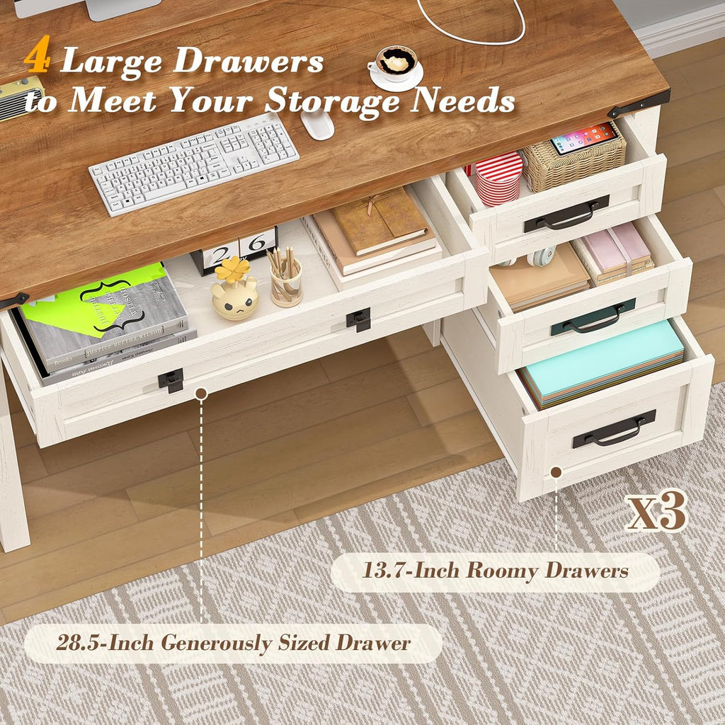 YOMILUVE Farmhouse Executive Desk with Drawers, 47' Computer Desk with Power Outlets, Home Office Desk with Monitor Stand & 4 Drawers, Small Desk Writing Study Table, Antique White