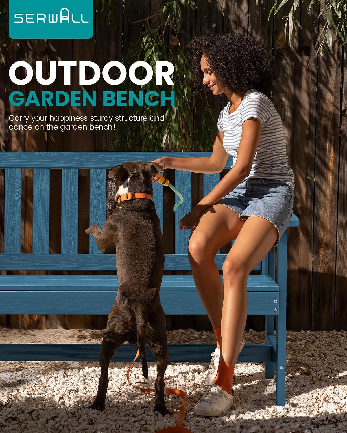 SERWALL Outdoor Bench, HDPE Outdoor Benches Weatherproof, 2-Person Garden Bench with 660 lbs Weight Capacity, Patio Benches for Outdoors, Garden, Porch, Backyard and Park, Navy Blue