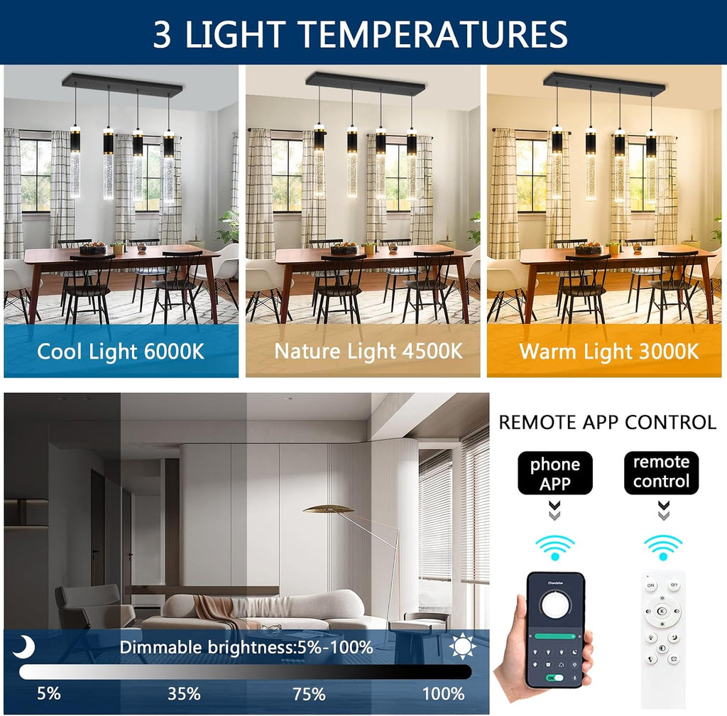 4-Lights Modern Crystal Chandeliers for Kitchen Island LED Dimmable Pendants Lighting Fixture LED Ceiling Light for Dining Room