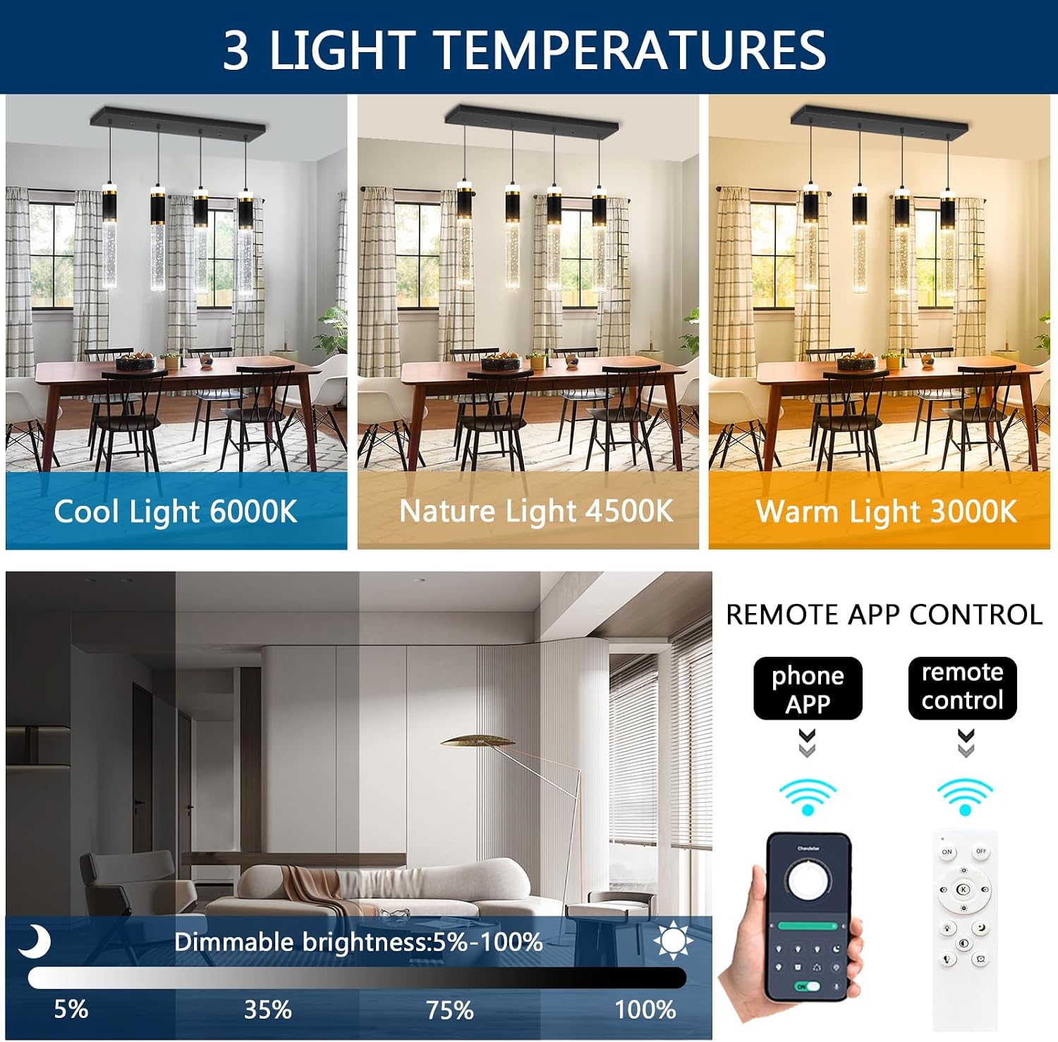 4-Lights Modern Crystal Chandeliers for Kitchen Island LED Dimmable Pendants Lighting Fixture LED Ceiling Light for Dining Room