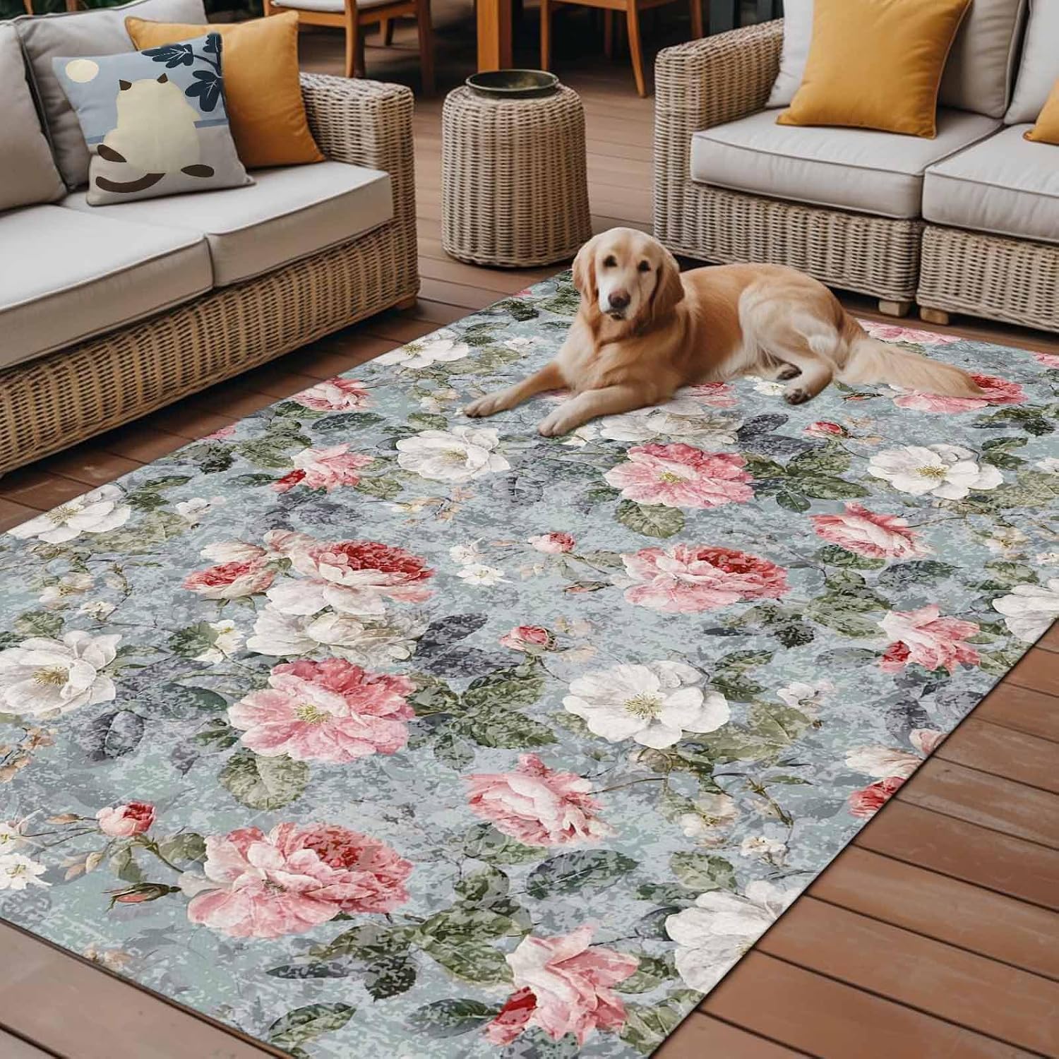 Vintage Spring Floral Outdoor Rug for Patio/Deck/Porch, Non-Slip Large Area Rug 6 x 9 Ft, Summer Botanical Watercolor Indoor Outdoor Rugs Washable Area Rugs, Reversible Camping Rug Carpet Runner
